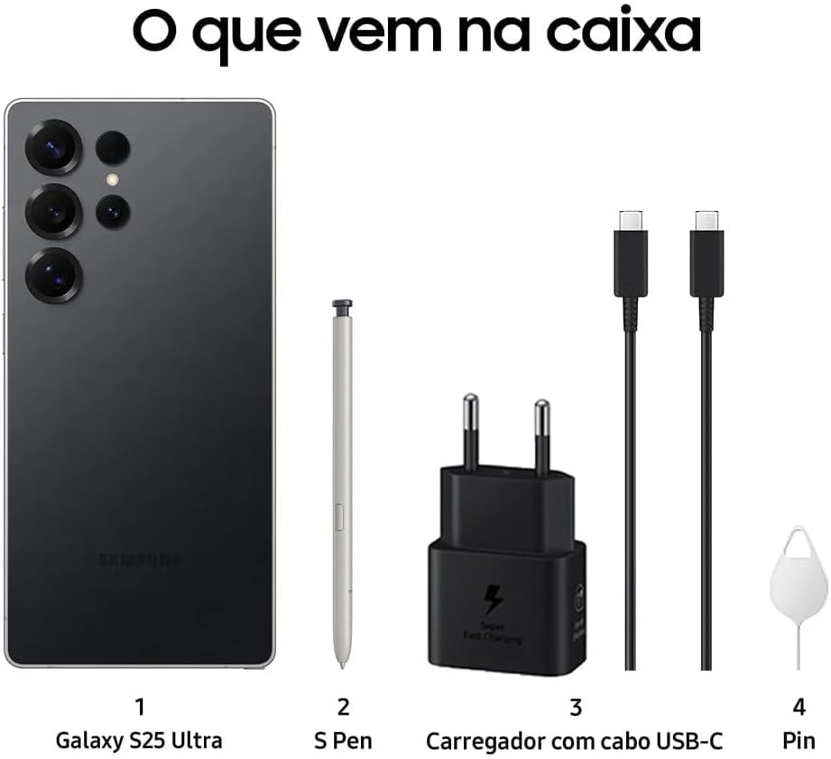 Celular Samsung Galaxy S25 Ultra 5G, 256GB, 12GB RAM, Câmera Quádrupla de 200+50+10+50, Tela Grande de 6.9", Titânio Preto