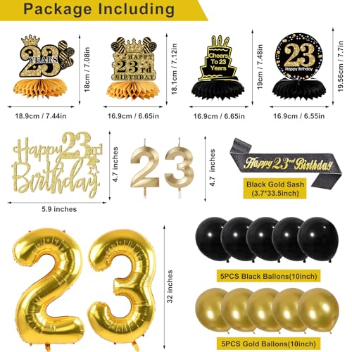Image of 23rd Birthday Decorations for Men, Black Gold 23rd Party Decoration Kits | 27pcs Happy 23rd Birthday Set, Banner, Honeycomb, Balloons, Gold Number, Candle, Hanging Swirls, Cake Topper, Party Supplies
