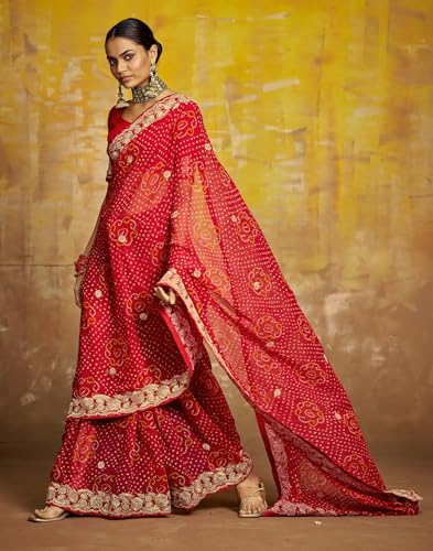 Image of SIRIL Women's Bandhani Printed Georgette Sequence Lace Scalloped Border Saree with Unstitched Blouse Piece