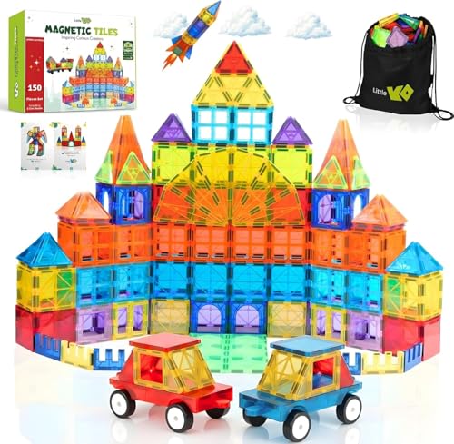 Image of Magnetic Tiles 150 PCS with 2 Cars Bases, STEM Magnet Building Tiles for Kids Ages 3-12, Educational Building Magnets Toys, Creative Construction, Preschool Learning & Play for Childs