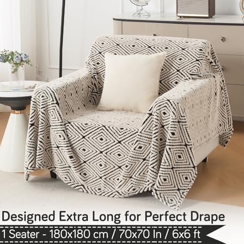 Image of HOKIPO Soft Plush Sofa Throw Cover for 1 Seater Sofa - Luxury All-Season Sofa Cover, 'Noirea Series' Geometric Diamond (180x180 cm) (AR-6651-D6)