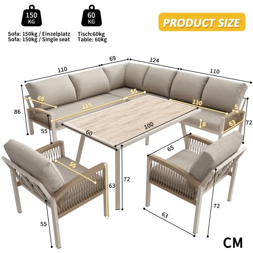 Merax L-förmiges Gartensofa Set für 8 Personen – Wetterfestes Outdoor Sofa mit 2 handgeflochtenen Sesseln, Rostgeschütztem Eisengestell, 1 Tisch mit Holzoptik-Glasplatte, Beige Kissen