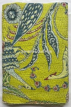 Handblock Animal Print Handmade Cotton Kantha Quilting Boho Throw Blanket Hippie Queen/King Size Bohemian Block Kantha Quilt (Parrot Green, Twin 60x90)