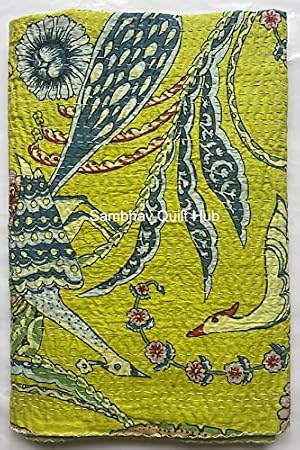 Handblock Animal Print Handmade Cotton Kantha Quilting Boho Throw Blanket Hippie Queen/King Size Bohemian Block Kantha Quilt (Parrot Green, Twin 60x90)