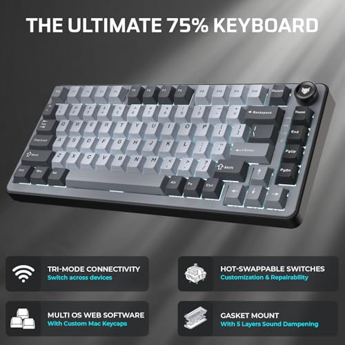 Image of EvoFox Ronin X75 Tri-Mode Wireless Mechanical Keyboard| Gasket Mount, 5 Layer Sound Dampening, Hot Swap GTMX White Linear Switches,1000Hz Polling, Programmable, Muliti OS Web Software, Mac Key Caps