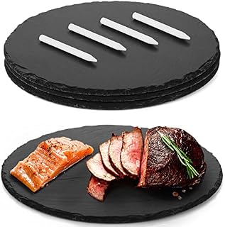 GOH DODD 12 x 12 Inch 3 Pieces Slate Cheese Boards, Round Black Stone Plates Placemats Gourmet Serving Tray Display Chalkboard for Charcuterie Meat Cake Fruit Meat Appetizers Dried Fruits Sussi