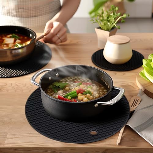 Image of Silicone Trivet Mats,Heat Resistant Pot Holders, Multipurpose Non-Slip Hot Pads for Kitchen Potholders, Hot Dishers, Jar Opener, Spoon Holder, Food Grade Silicone(Black Size Round 7''x7'')