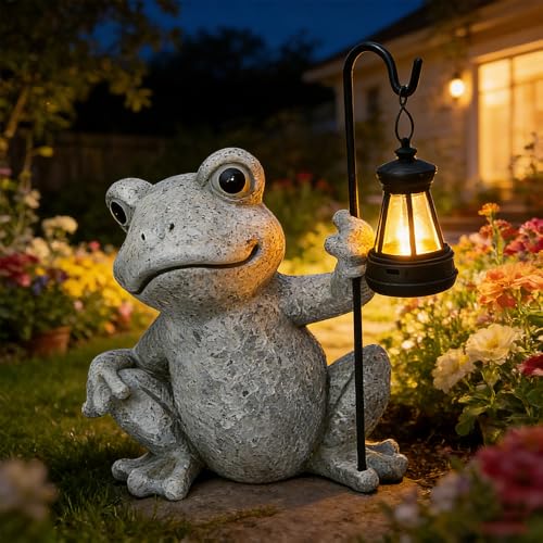 Image of Rppiup Frog Statue Garden Ornaments Outdoor, Large Frog Solar Light, Solar Garden Ornaments Lifelike Sculptures with Lantern, Gray Waterproof Animal Garden Ornaments for Yard Lawn Patio(23*22*25 cm)