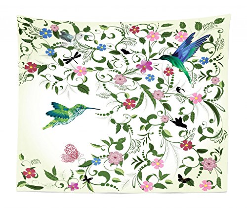 Lunarable Hummingbird Tapestry King Size, Swirled Leaves Blossoming Flowers Abstract