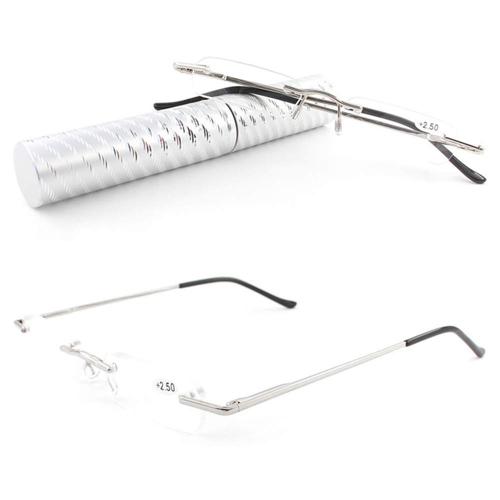 KOOSUFA Randlose Lesebrille Herren Damen Tragbar Brillenhülle Metall Federscharnier Schmal Leichte Stil Stärken lesebrille mit Brillenetui 1.0 1.5 2.0 2.5 3.0 3.5