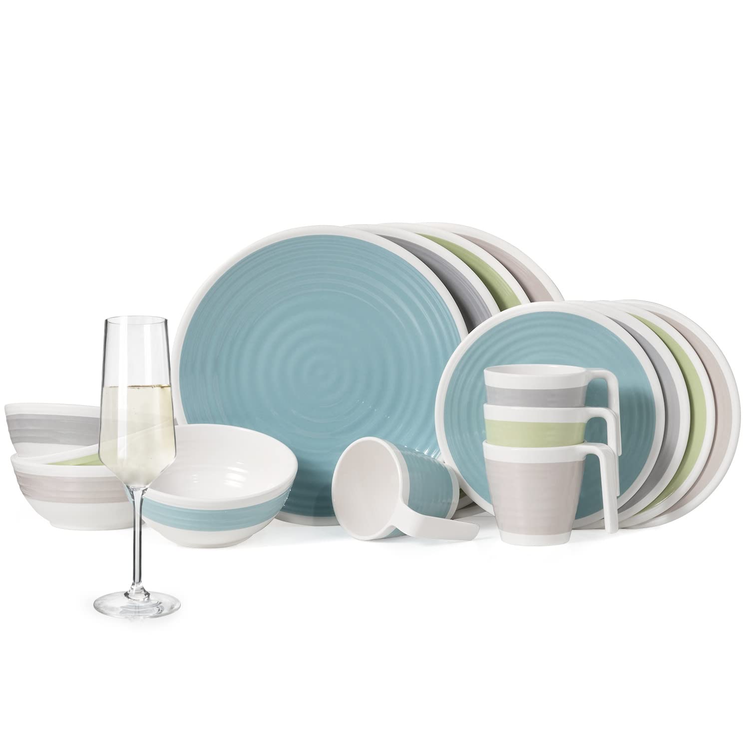 Vajilla de melamina para camping, 4 personas, armonía, 16 piezas + 4 copas Milano, copas de champán, vajilla de pícnic, barbacoa