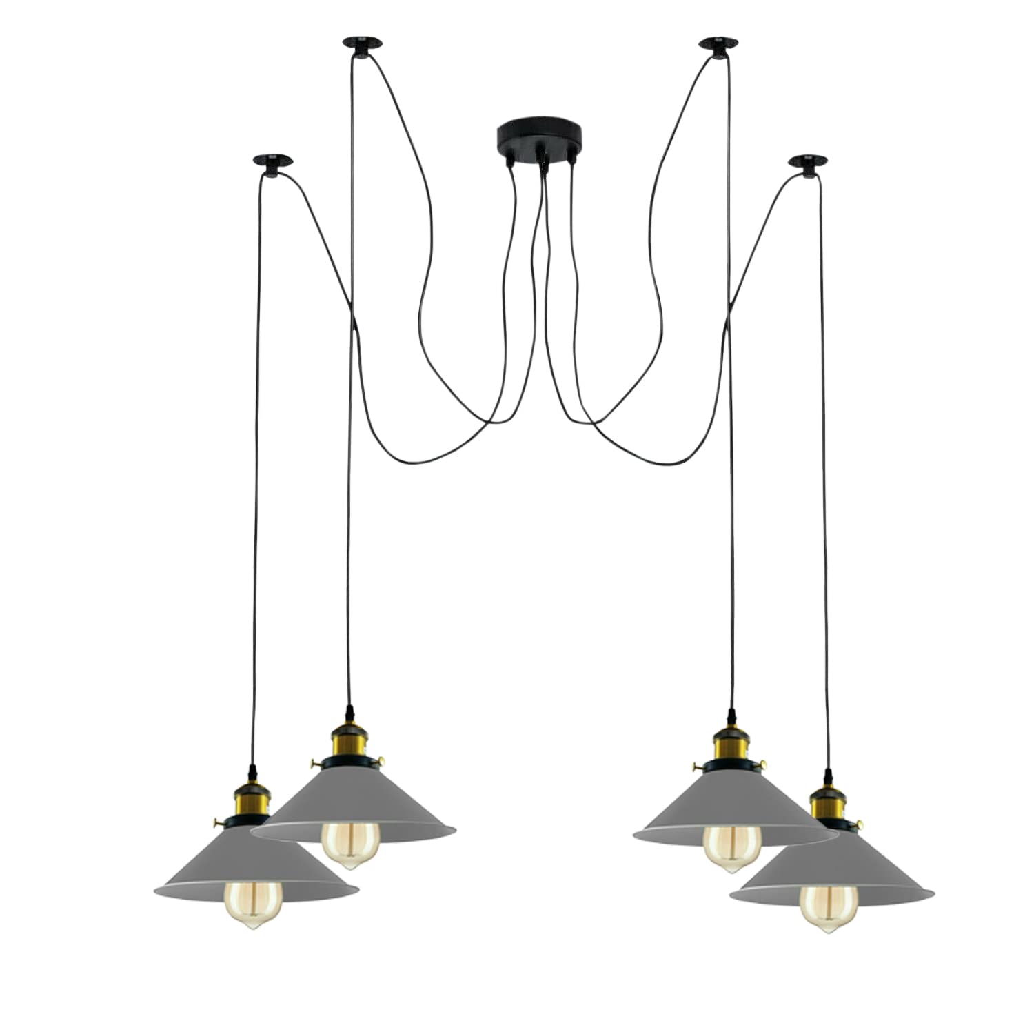 LEDSone 4 Head Spider Pendant Light, Industrial Vintage Ceiling Lamp with Grey Cone Shades, Adjustable Hanging Pendant Lighting, E27 Bulb Holder with Bulbs Included