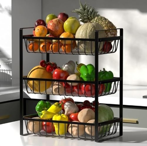 Image of 2 Tier Countertop Fruit and Vegetables Basket | Multipurpose Storage Organize Stand for Kitchen, Dining Table and Bathroom (3 Tier Black)