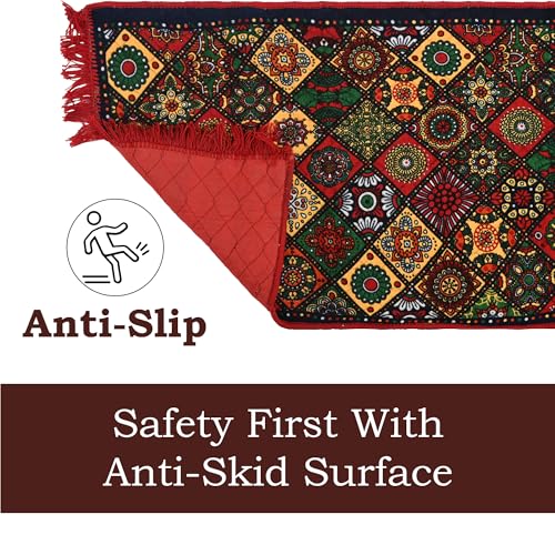 Image of Kuber Industries 2x6 Feet Shaneel Bed Side Runner for Kitchen | Easy to Clean & Multipurpose Runner for Home, Bedroom & Living Room | Rangoli Print - Red