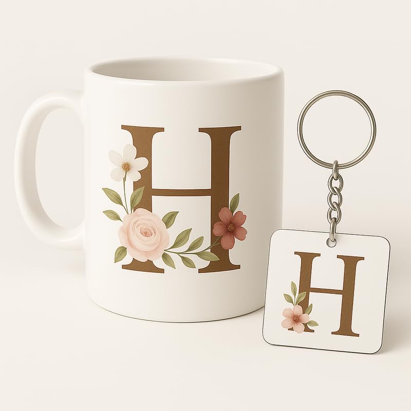 Image of Letter H Mug and Keychain Set - Elegant Floral Monogram Gift for Her /Him - Coffee Cup and Key Ring with Initial H - Coffee Mug for Everyone Any Occasion 4646 8