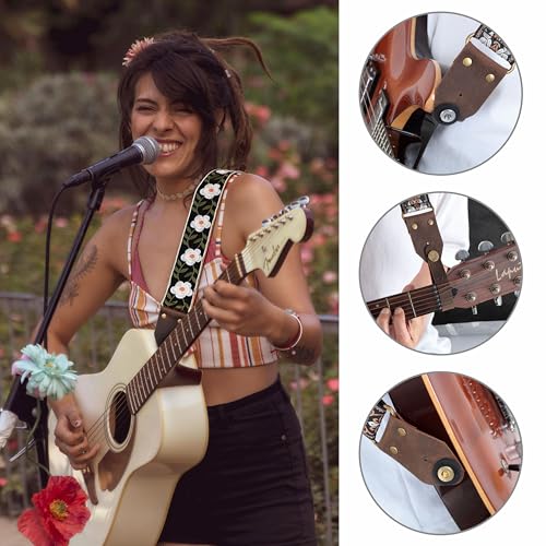 Image of Nefelibata Guitar Strap,Crazy Horse Leather Jacquard Embroidery Cotton Guitar Straps for Bass, Electric & Acoustic, Best Gifts for Guitarists(Retro White Petals)