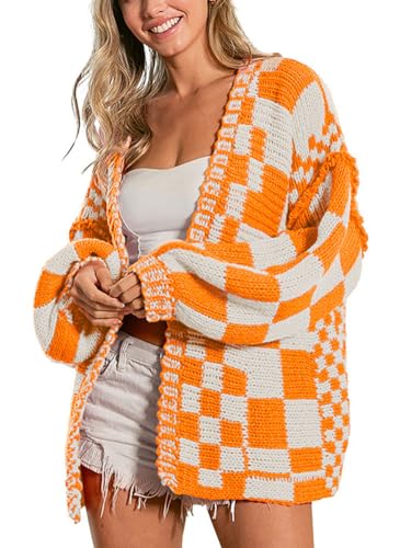 chouyatou Women's 2025 Fall Contrast Color Plaid Cardigan Sweaters Gingham Open Front Chunky Knit Cardigan Jacket