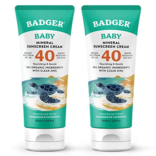 Badger Mineral Baby Sunscreen Cream SPF 40, 98% Organic Toddler Sunscreen with Zinc Oxide, Broad Spectrum, Reef Safe, Water Resistant, Pediatrician...