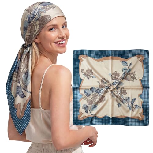 RIIQIICHY 35 Inches Head Scarf for Women Silky Feel Hair Wrapping Square Printed Scarves Top Bag Accessory C003