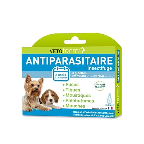 VETOFORM | Pipette Antiparasitaire Petit Chien et Chiot (<15 kg, >4 Mois) | Anti puces et Anti-Tiques | 3x1,5 ML | Fabriqué en France