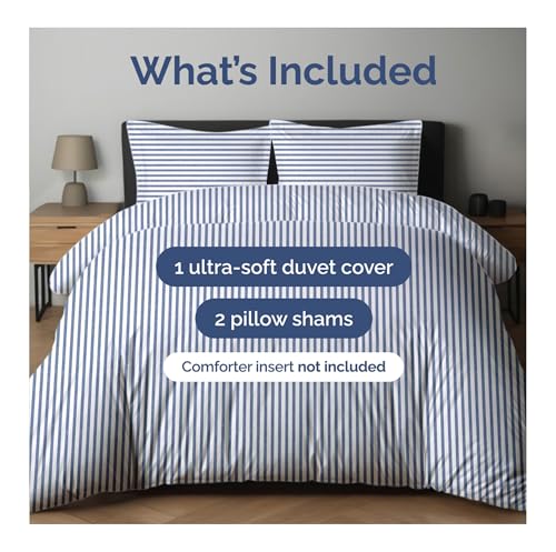 Image of Duvet Cover Full Size Set - Extra Soft Full Duvet Cover 80 inch x 90 inch with 2 Pillow Shams for Women, Men, Kids & Teens - Hotel Luxury w / Zipper Closures & Ties - Comfy, Cozy & Breathable (Blue Stripes)