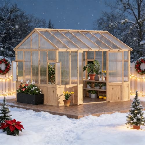 8X12 FT Wooden Greenhouse for Outdoor - Heavy Duty Walk-in