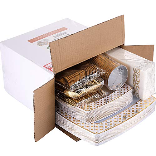 175 Piece Gold Dinnerware Set 25 Guest-50 Diamond Square Plastic Plates-25 Gold Plastic Silverware-25 Gold Plastic Cups-25 Linen Like Gold Paper Napkins, Focusline Disposable Dinnerware Set #TOP6