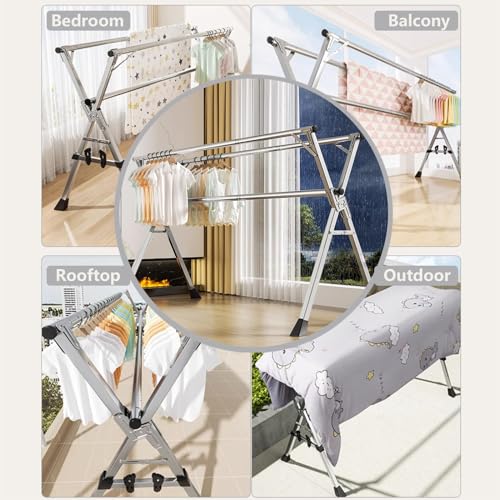 Étendoir à linge acier inoxydable grand format rétractable 3 barres - 6