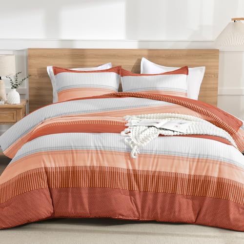 Litanika Burnt Orange California King Comforter Set - 3 Pieces Boho Terracotta Cal King Oversized Lightweight Summer Rust Colorblock Stripe Bedding Set (104x96In, 2 Pillowcases)