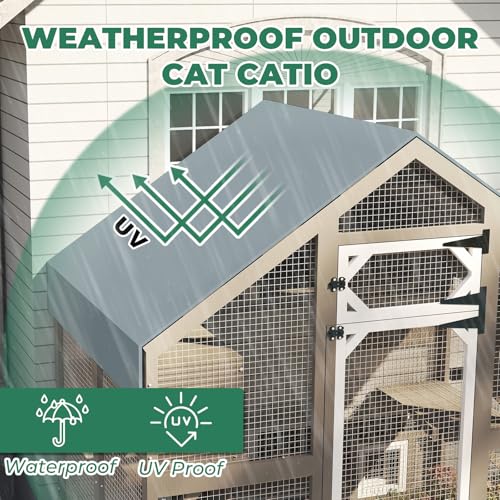 Image of 71 inch H Catio Outdoor Cat Enclosure Weatherproof, Large Walk-in Cat House Attached Window for Multiple Cats, Waterproof Cat Cage Kitty Enclosure Outside with 2 Condos, 6 Platforms