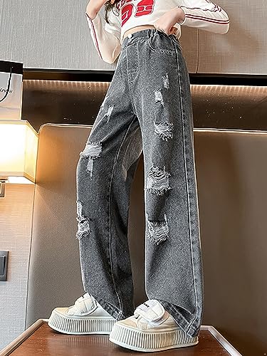 Hularka Kids Girls Ripped Jeans High Waist Bell Bottom Denim Pants Casual Straight Leg Distressed Trousers Bottoms3