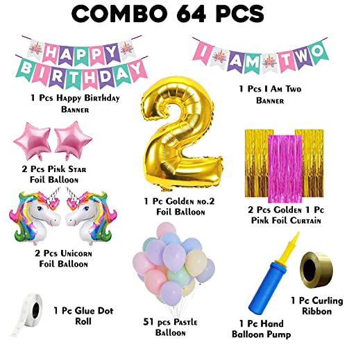 Image of Party Propz Unicorn Theme Birthday Decoration Kit - 66 Pcs Combo for 2nd Birthday Decorations for Girls with Pastel Balloons, Unicorn Foil Balloons, Number 2 Balloon, Banner & Curtains