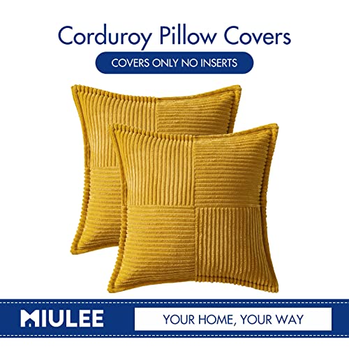 Image of MIULEE Decorative Throw Pillow Covers for Couch Bed Livingroom 18x18 Inch Set of 2 Fall Mustard Yellow Boho Accent Throw Pllows Broadside Striped Patchwork Soft Corduroy Pillowcases