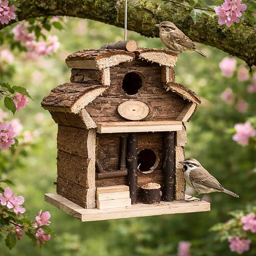 Garden Mile Natural Bird Box House Hotel - Traditional Wooden Box Bird Houses for Garden Bird House Nesting Home for Garden, Balcony, Ideal as Robin House, Sparrow Nest Home, Small Bird House