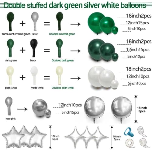 Image of Emerald Green Silver Balloon Arch Double Stuffed White Pearl Balloon Kit | Dark Forest Green White with Silver Star Foil Balloon Garland for Birthday Christmas Anniversary Opening New Year Party Decor