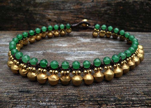 Infinityee888 Trendy Fashion Anklet Green Jade and Brass Bell Ankle Bracelet 10 Inches Woven with Wax Cord Beautiful Handmade Hippie Bohemian Style2
