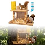 GOEDCH Mangeoire pour écureuils : mangeoire en bois avec distributeur d'eau verte, mangeoire pour écureuils de grande capacité, suspendue, avec 2 entrées pour jardin, balcon, terrasse, extérieur