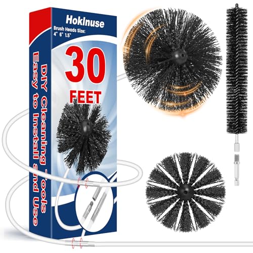 HOKLNUSE Dryer Vent Cleaner Kit Ducts Cleaning Kit for Dryer Air Duct HVAC Vent Fireplace Chimney Pellet Stove Gutter Downspout Dryer Vent Lint Removers with 1.5' 4' 6' Brush Heads(30 Feet)