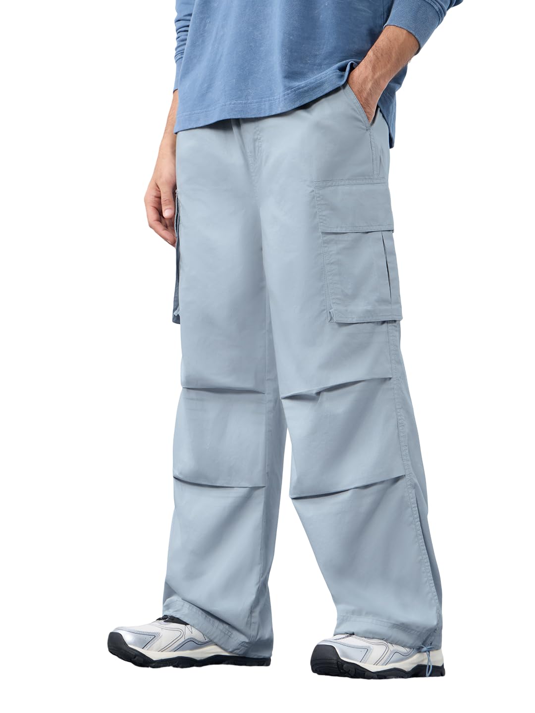 the souled store Parachute Pants: Dusty Sky Blue Men and Boys Drawstring Waist Solid Cotton Lightweight Adjustable Hem Utility Baggy Fit Cargo Pants-picture-11