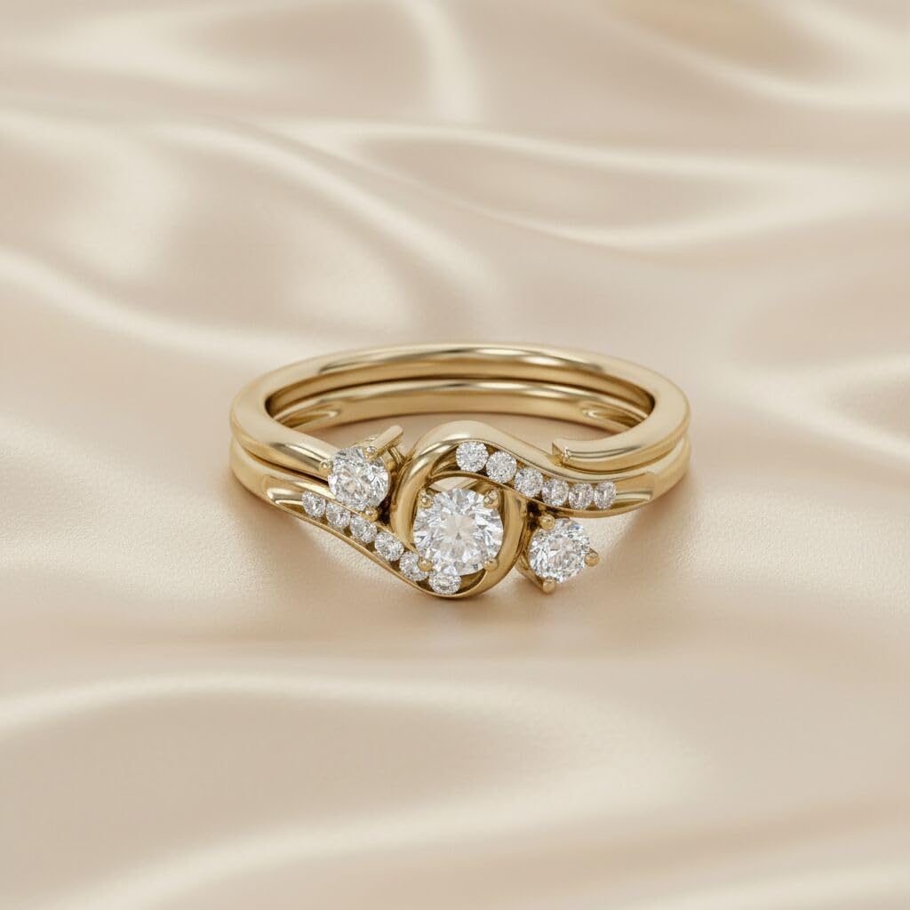 3 Stone Bypass Bridal Set Rings for Women, 0.50 Carat (ctw) Lab Created Moissanite Engagement Wedding Ring In 10K / 14K Solid Gold or 14K Gold Plated 925 Sterling Silver Jewelry for Her