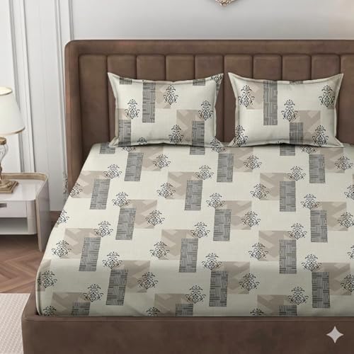 Image of DECOREZA Premium Cotton Feel Elastic Fitted Bedsheet Queen Size 60 x 78 Inch with 2 Pillow Covers | All-Around Elastic | Soft & Breathable | Mattress Upto 10 Inches (Cream Lines)