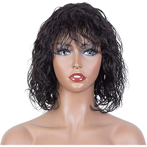 FASHION IDOL Bob Curly Human Hair Wig for Black Women 10 Inches Brazilian Virgin Human Hair Short Deep Water Wavy Wig with Bangs 150% Desity Natural Black Cover