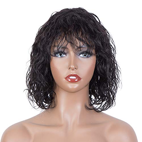 FASHION IDOL Bob Curly Echthaar Perücke für schwarze Frauen 10 Zoll Brasilianisches Reines Echthaar Kurze Tiefes Wasser Gewellte Perücke mit Pony 150% Desity Natural Black Cover