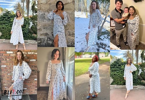 BLENCOT Casual Women\'s Square Neck Long Sleeve Split Thigh Dress Boho Floral Print A-line Tie Front Midi Dresses White M