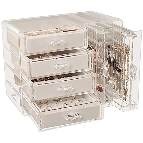 Schmuckschatulle Ohrringhalter Acryl Ohrring Organizer Ständer transparent Schmuckständer mit 4 Schubladen, Ring and Ohrring Ohrstecker Halsketten Schublade(white) Cover