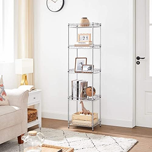 SONGMICS Metal Storage Shelf, Wire Basket Shelving Unit, Kitchen Storage Rack, 4 Hooks, PP Sheets, Adjustable Shelves, Total Load Capacity 100 kg, for Bathroom, Pantry, Small Spaces, Silver LGR105E01