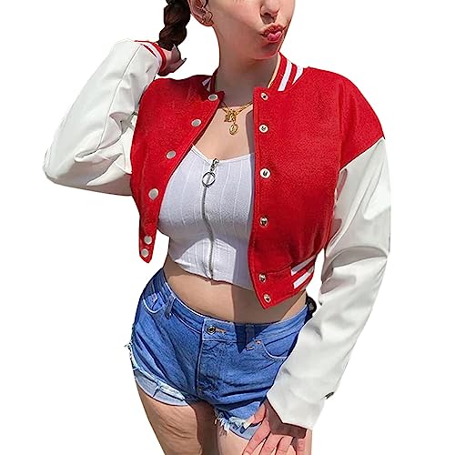 Chatinction Women's Sport Crop Bomber Jacket Long Sleeve Single Breasted Colorblock Varsity Baseball Jacket Red Large #TOP2