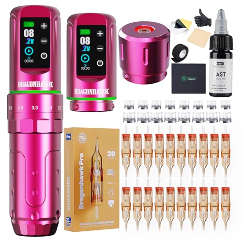 Dragonhawk Tattoo Kit, L3 Cordless/Cord Complete Tattoo Gun Rotary Pen Machine Kit, Powerful Mcore Motor, 2 Batteries Power Supply Tattoo Needles Cartridges for Pro Artists Pink Color