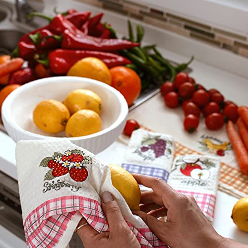 Lavien Home, Dish Towels For Kitchen Rustic Home Decor, Turkish Cotton Waffle Weave Fruits Embroidery Washable Tea Towels With Plaid Housewarming Gift (Set Of 4), 16 X 23 Inches #TOP3
