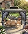12x12 FT Hardtop Gazebo with Double Metal Roof, Aluminum Frame Permanent Pavilion with Curtains and Netting, Outdoor Gazebo for Patio Backyard Lawns